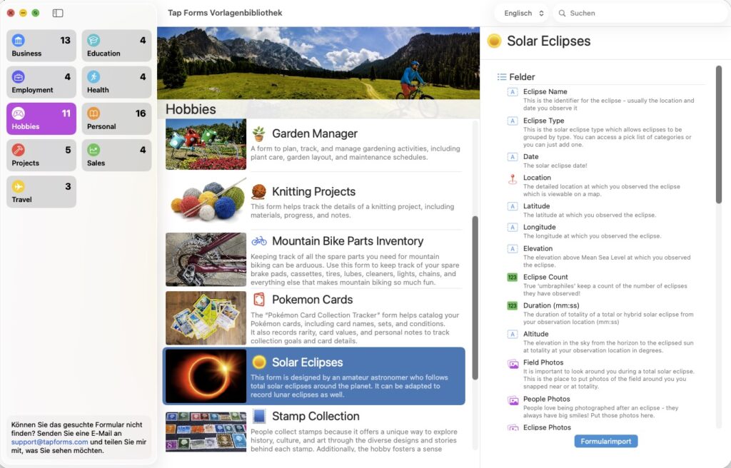 Tap Forms Pro Vorlagenbibliothek: Beispiel Sonnenfinsternis