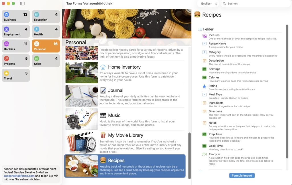 Tap Forms Pro Vorlagenbibliothek: Beispiel Rezeptdatenbank